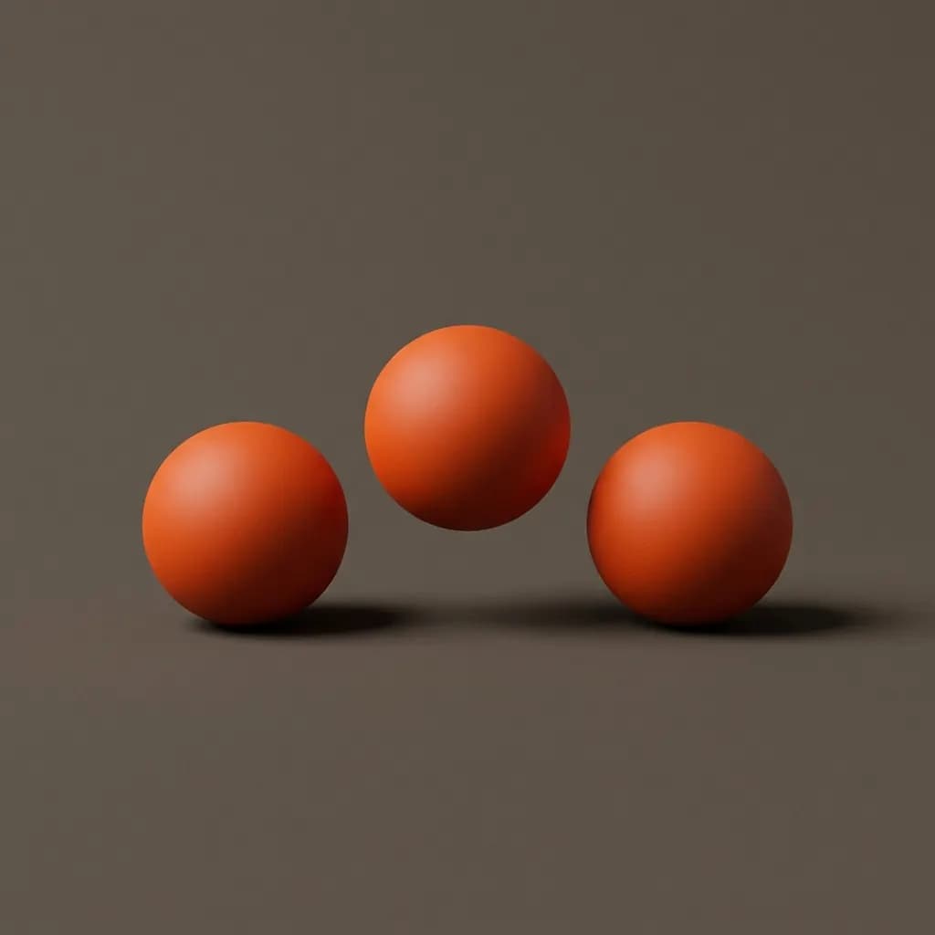 Drie matte oranje bollen op een rij op een warmgrijze achtergrond, de middelste zweeft iets hoger, als een typindicator in een chat
