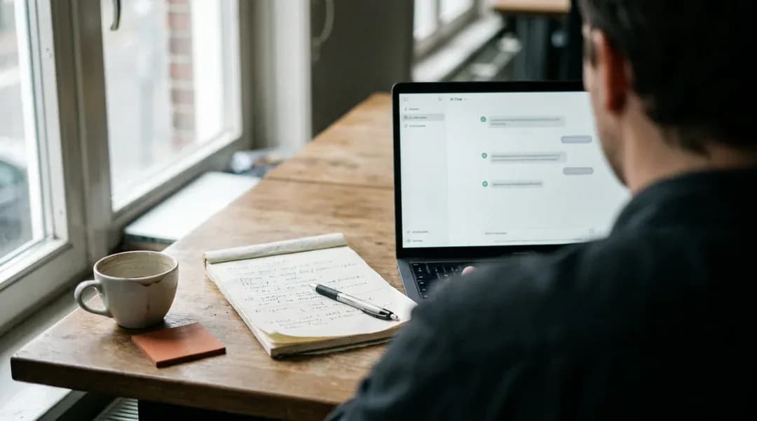 Iemand beoordeelt aan een houten tafel een AI-chatinterface op een laptop, met een notitieblok vol handgeschreven aantekeningen ernaast