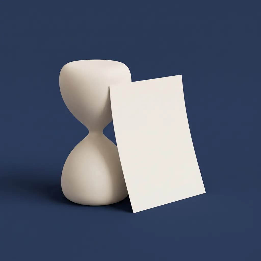 Crème zandloper met een blanco vel papier ertegenaan geleund op een diepblauwe achtergrond