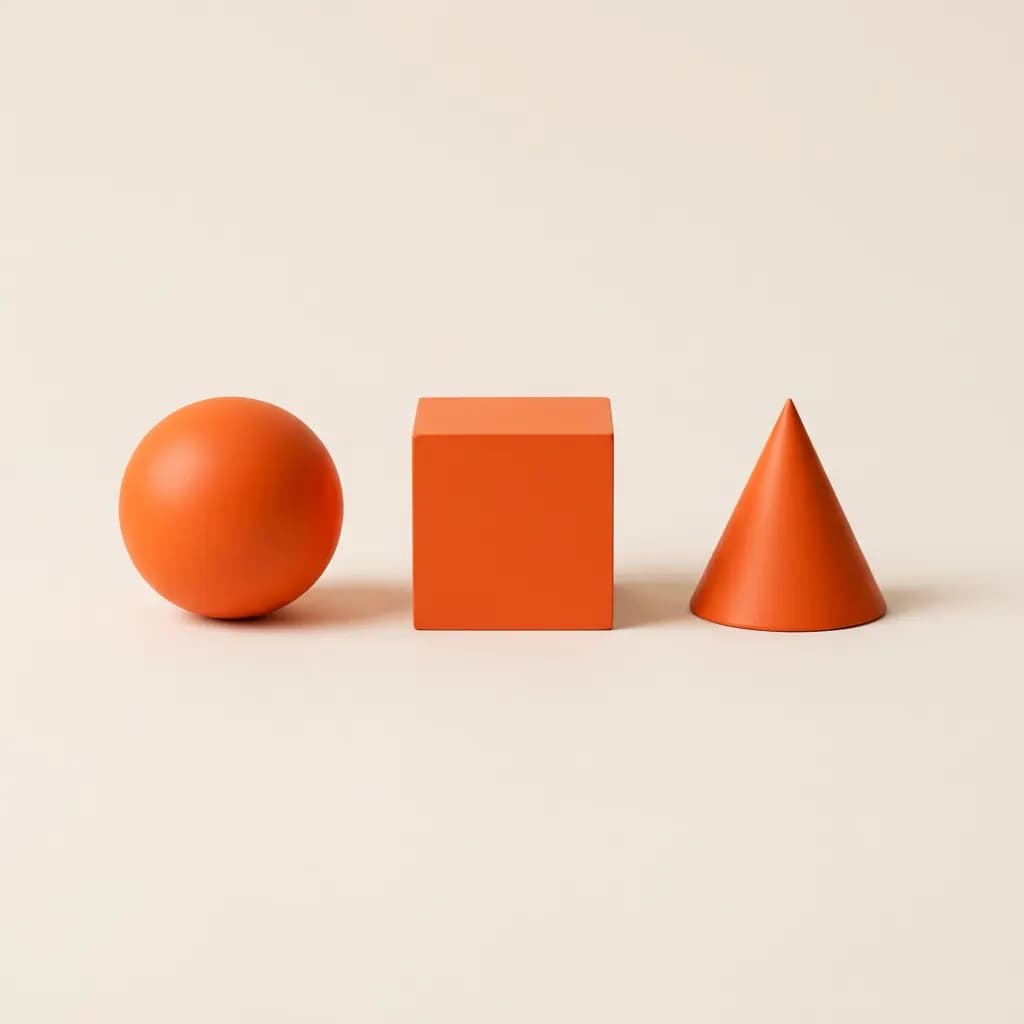 Drie matte oranje vormen op een rij op een crème achtergrond: een bol, een kubus en een kegel