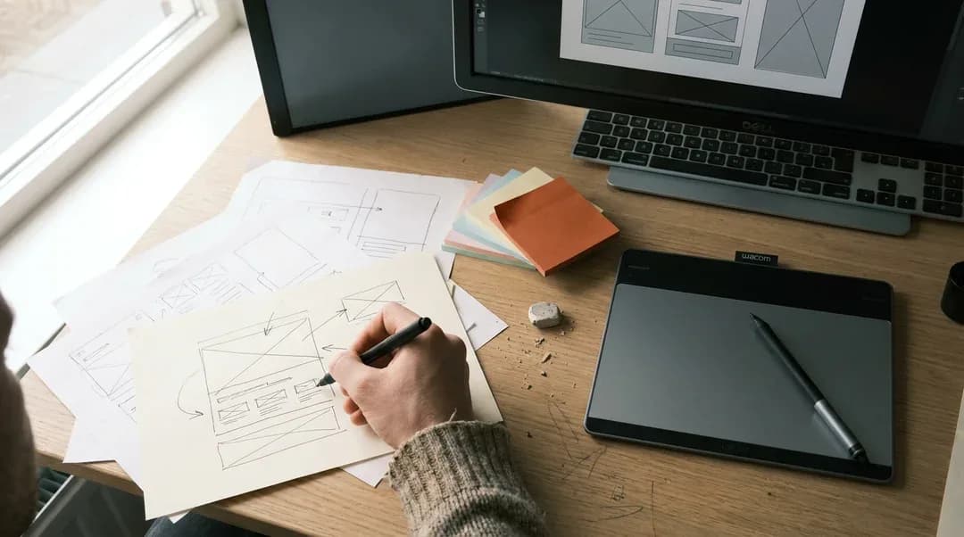 Designer schetst wireframes op papier, naast een tekentablet en een monitor met digitale wireframes