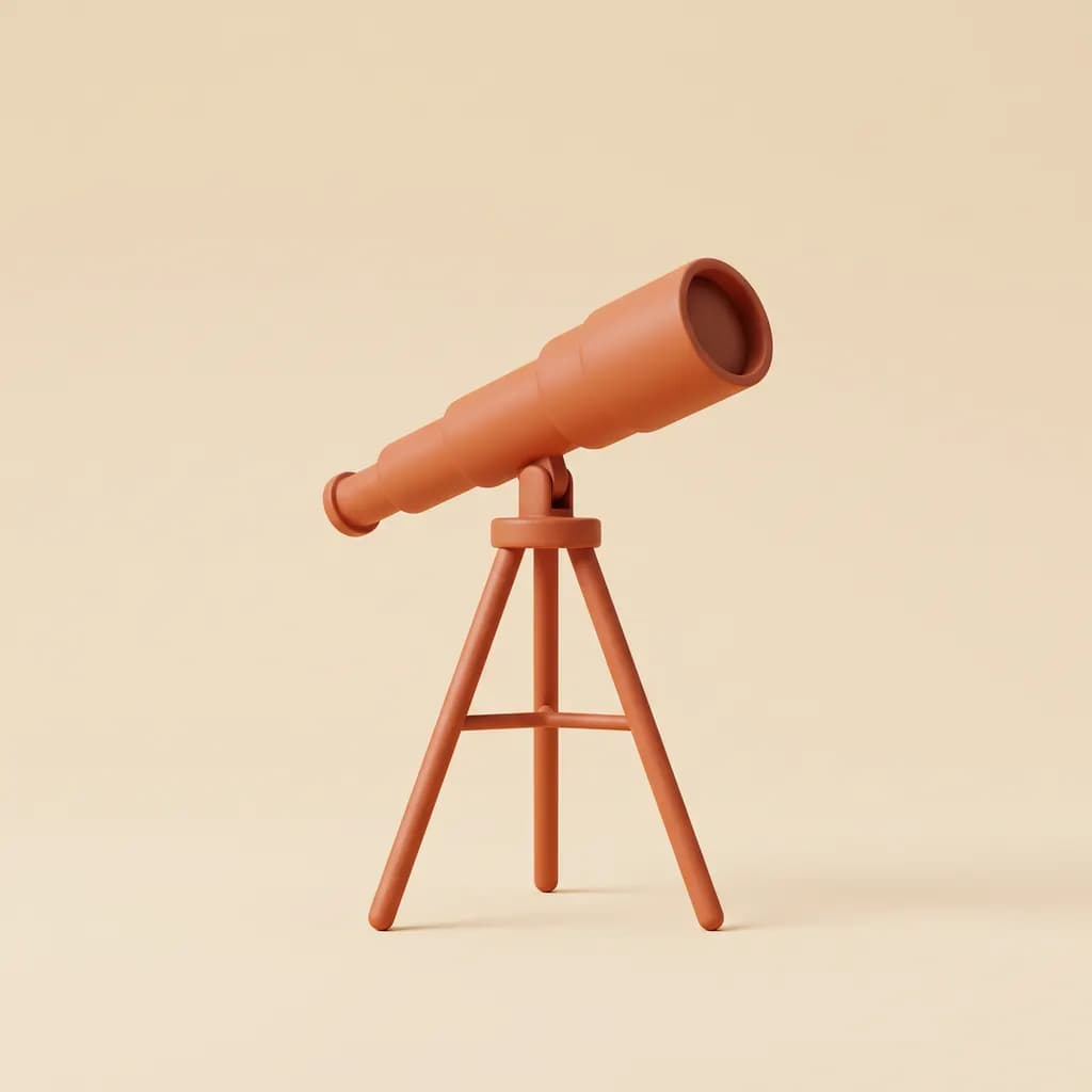 Matte oranje 3D-telescoop op een statief staat licht omhoog gericht op een vlakke crème achtergrond