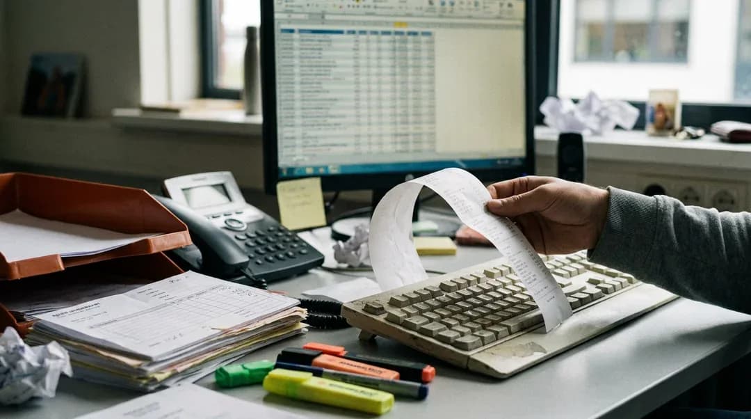 Hand houdt een lange papieren orderstrook omhoog boven een toetsenbord, tussen stapels orderformulieren en een scherm vol orderregels