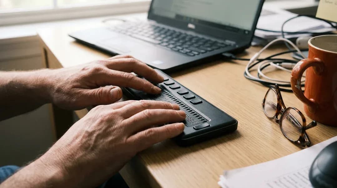Twee handen lezen een brailleleesregel die voor een laptop op een houten bureau ligt