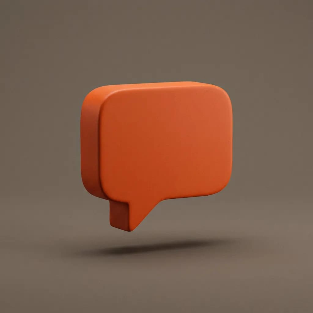 Matte oranje 3D-spraakbubbel zweeft boven een warmgrijze achtergrond met een zachte schaduw eronder