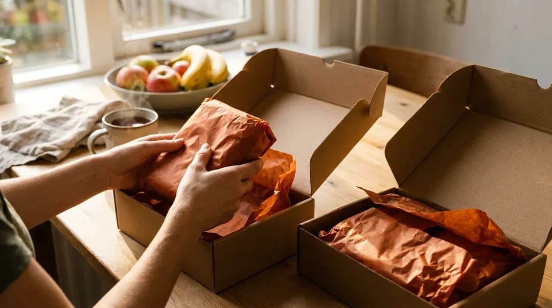 Handen halen een in oranje vloeipapier verpakt product uit een verzenddoos aan de keukentafel, met een tweede doos ernaast