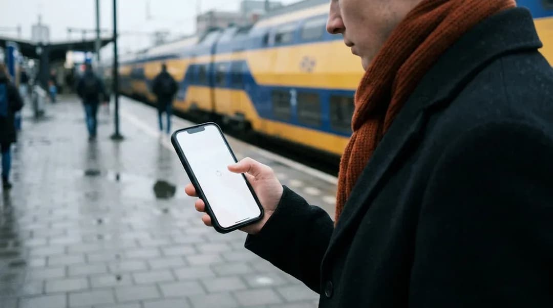 Reiziger wacht op een treinperron met een smartphone in de hand waarop een pagina staat te laden