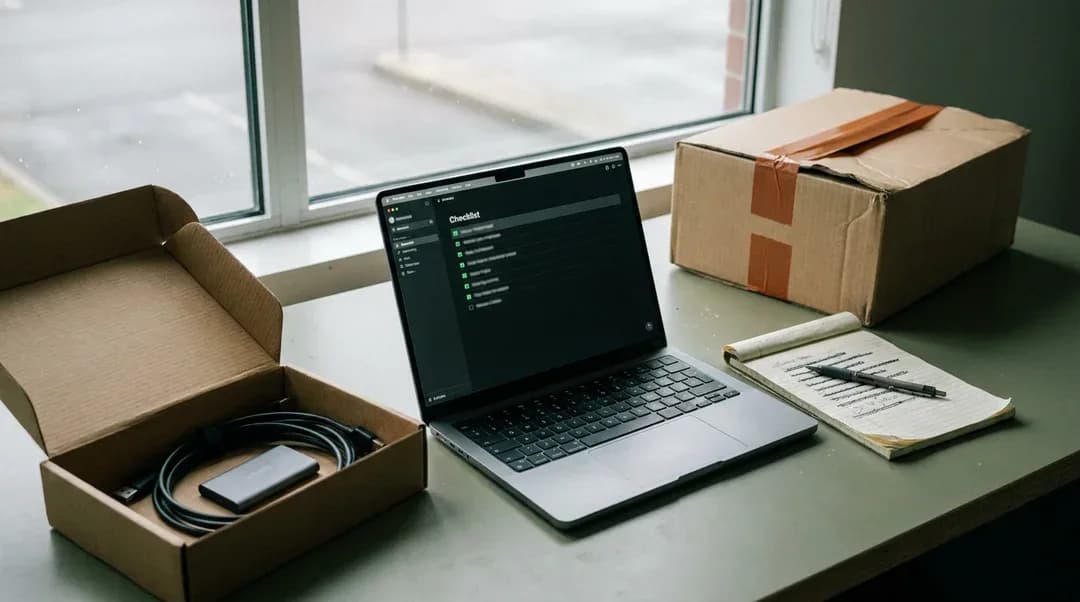 Laptop met een checklist op het scherm, tussen een uitgepakte en een dichtgetapete verhuisdoos op een vensterbank