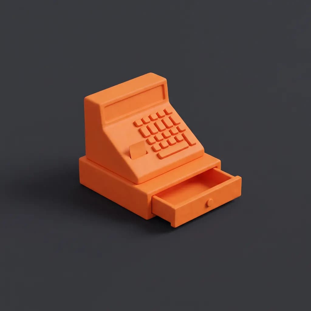 Fel oranje retro kassa met een licht geopende lade op een zwarte achtergrond