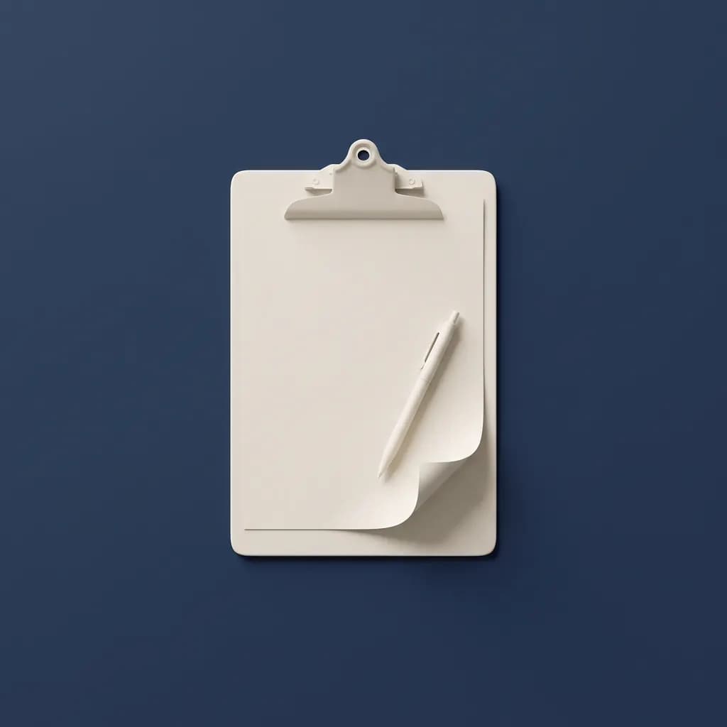 Crème klembord met een blanco vel waarvan de hoek omkrult en een pen erop, op een diepblauwe achtergrond
