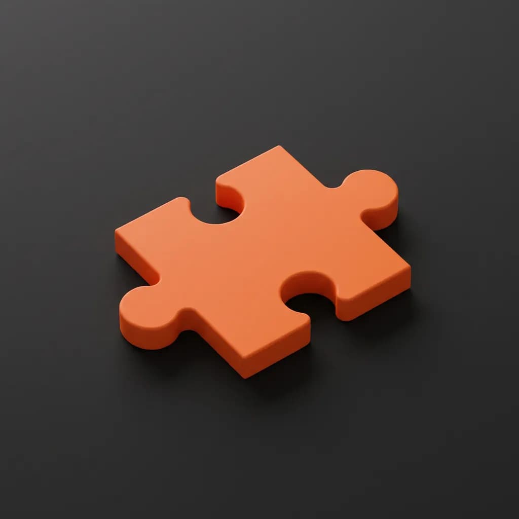 Fel oranje puzzelstukje ligt licht gekanteld op een zwarte achtergrond met een zachte schaduw