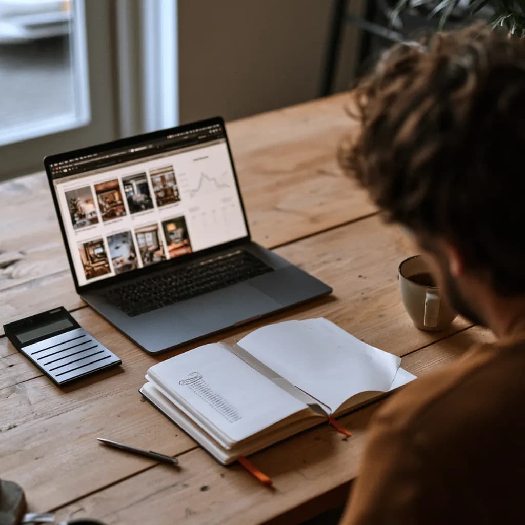 Ondernemer aan een houten tafel bekijkt een webshop op zijn laptop, met een notitieblok vol cijfers en een rekenmachine ernaast