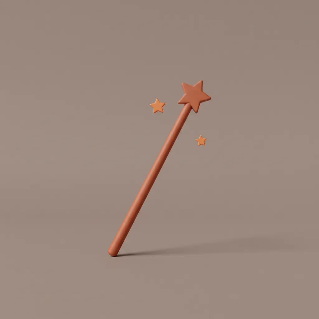 Matte oranje toverstaf met een ster op de punt en twee kleine sterren ernaast op een warmgrijze achtergrond