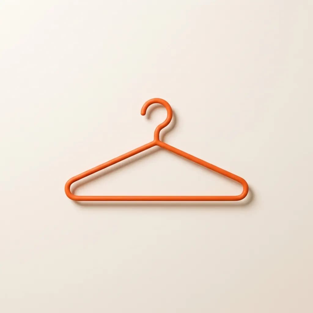 Mat oranje 3D-kledinghanger hangt gecentreerd boven een vlakke crème achtergrond