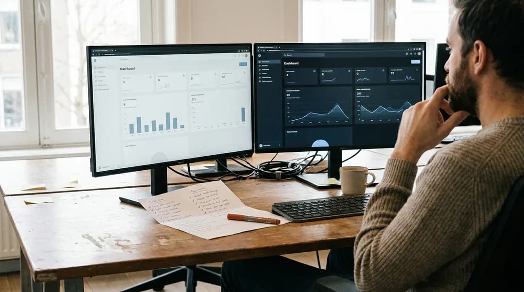 Iemand vergelijkt twee dashboards op twee monitoren naast elkaar, met een handgeschreven lijstje op het bureau