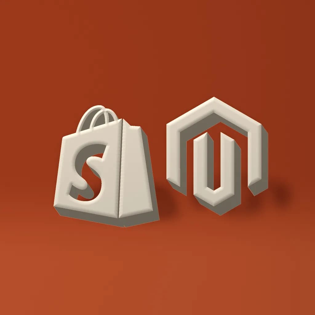 The Shopify bag and the Magento mark side by side as cream 3D objects on a deep orange surface