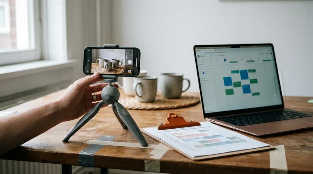 Smartphone op een statief filmt keramische mokken op tafel, met een contentplanning in een agenda op de laptop ernaast