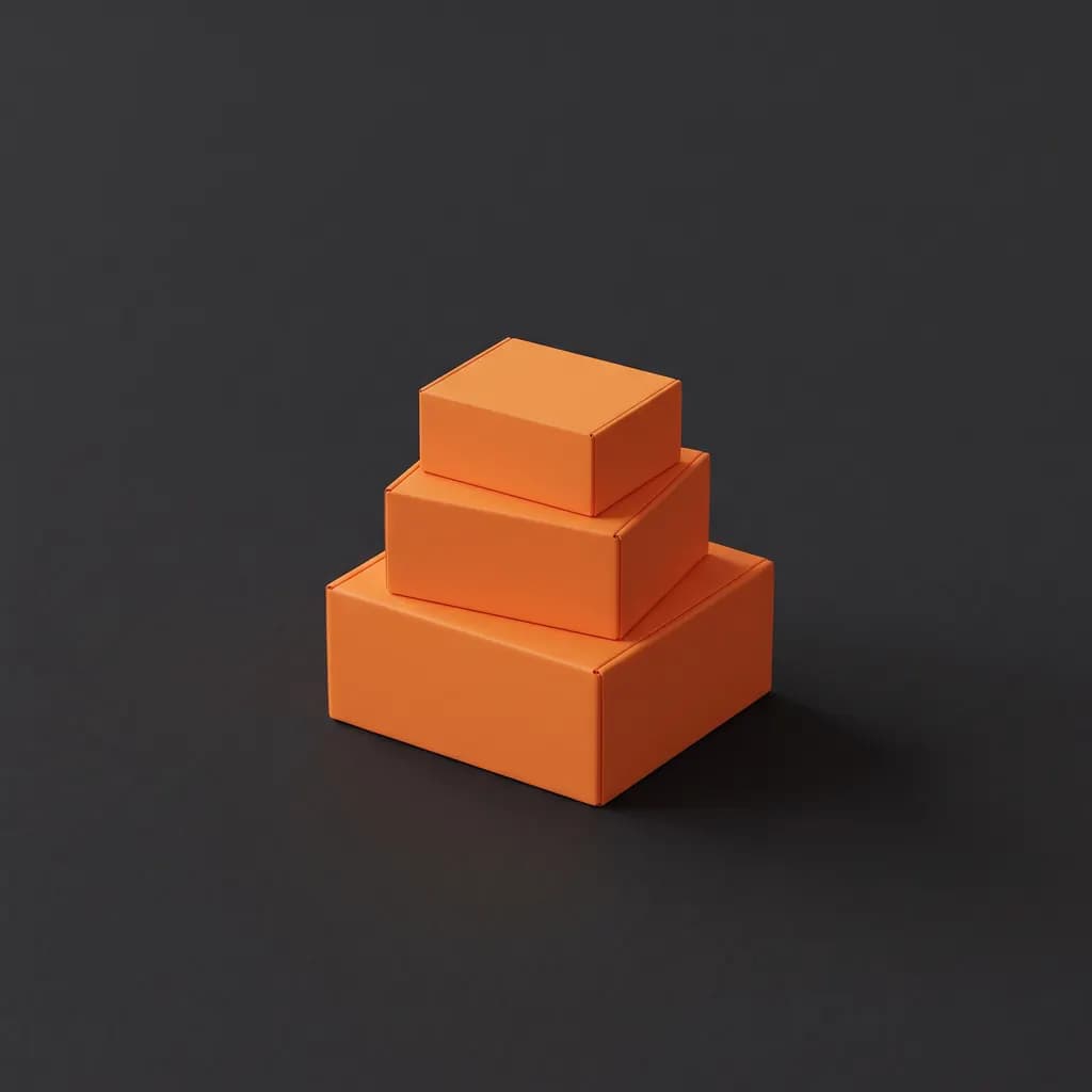 Nette stapel van drie fel oranje dozen in verschillende maten op een zwarte achtergrond