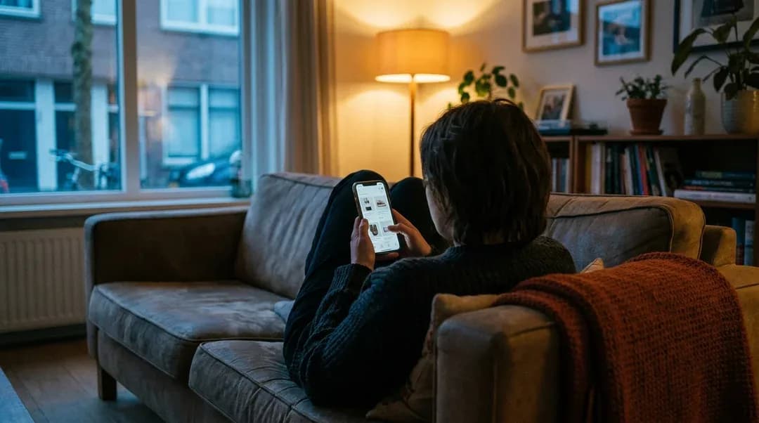 Iemand shopt 's avonds op de bank met een smartphone waarop een webshop-productpagina staat