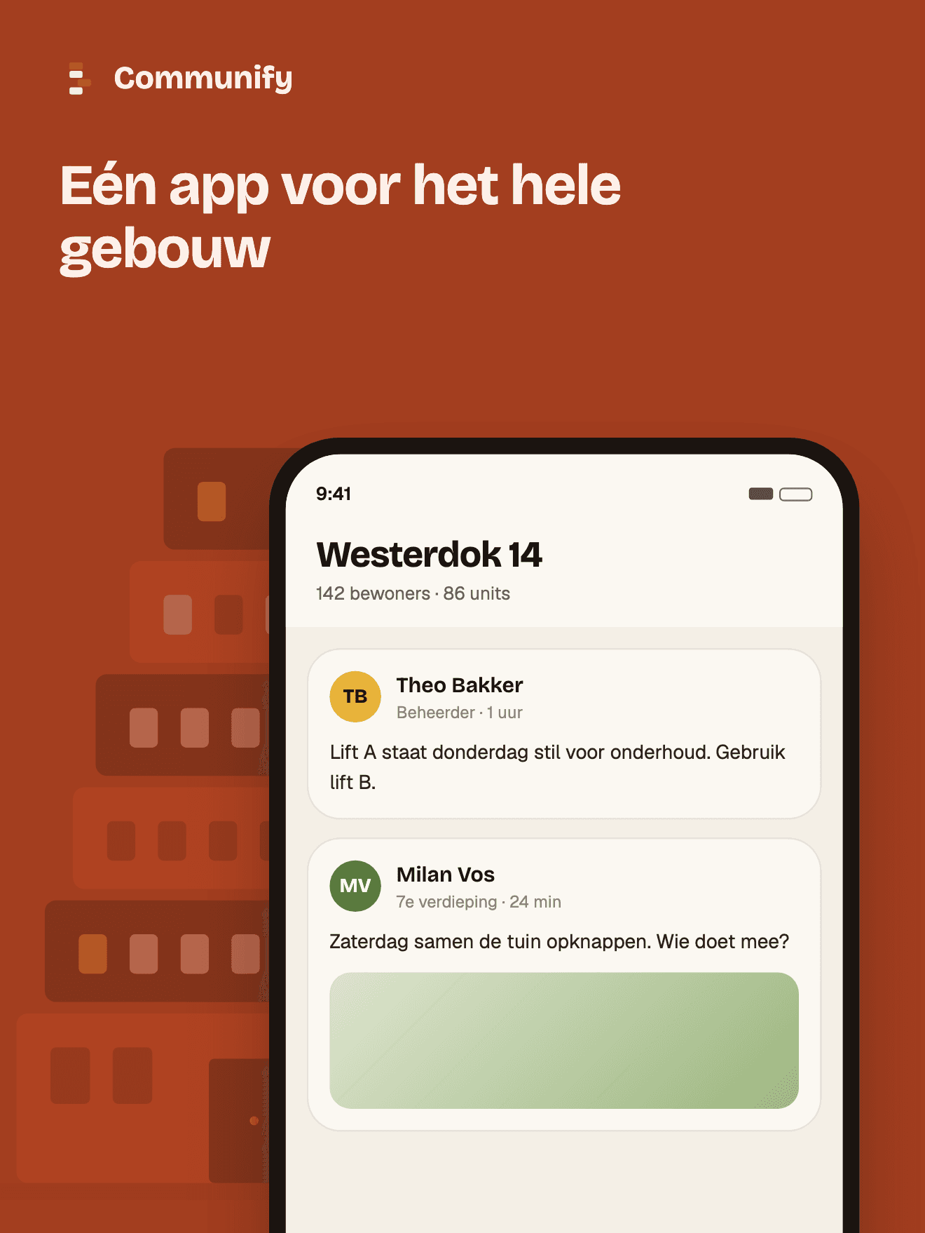 Communify-app met de feed van woontoren Westerdok 14