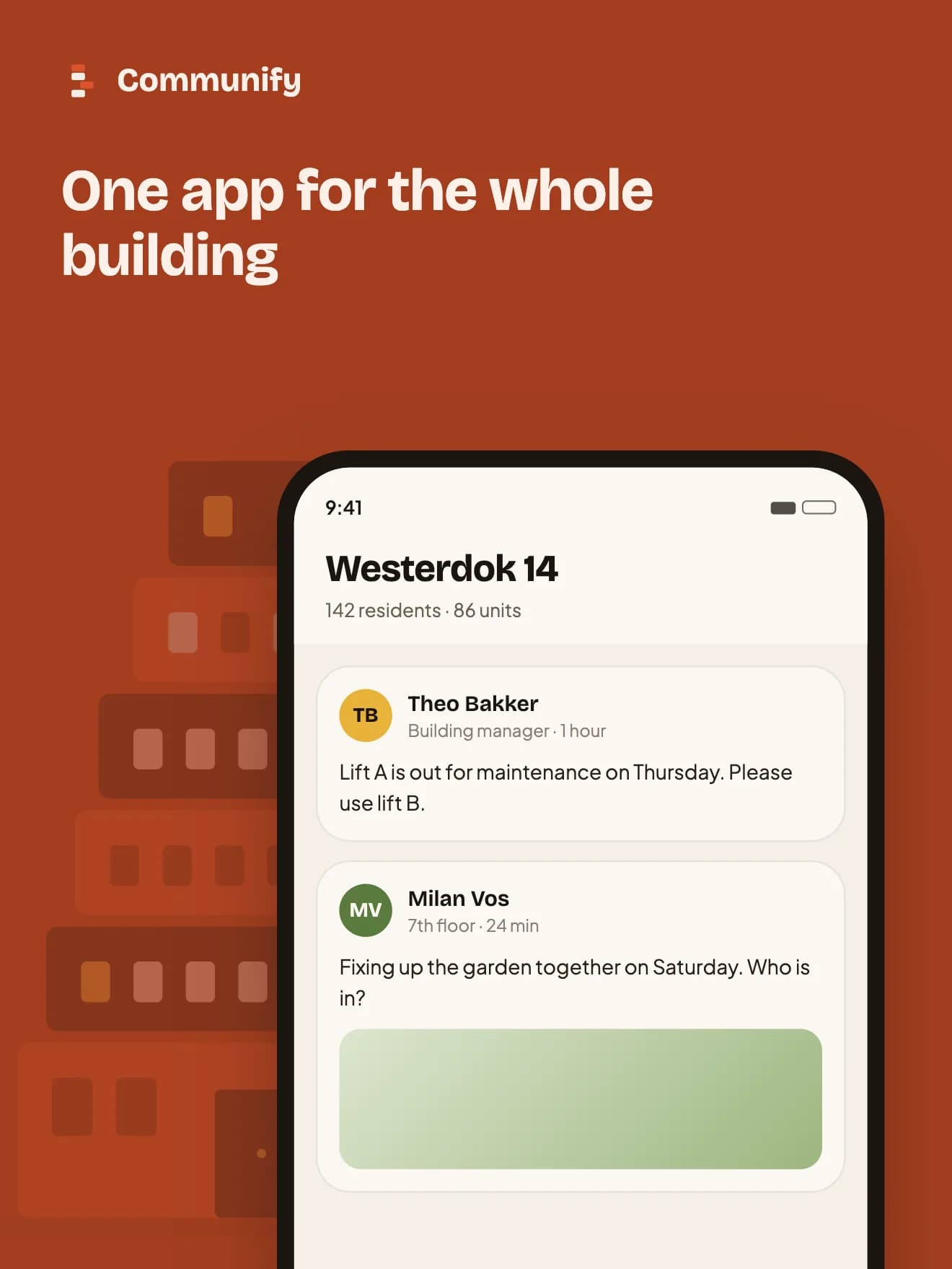 The Communify app showing the feed of the Westerdok 14 residential tower