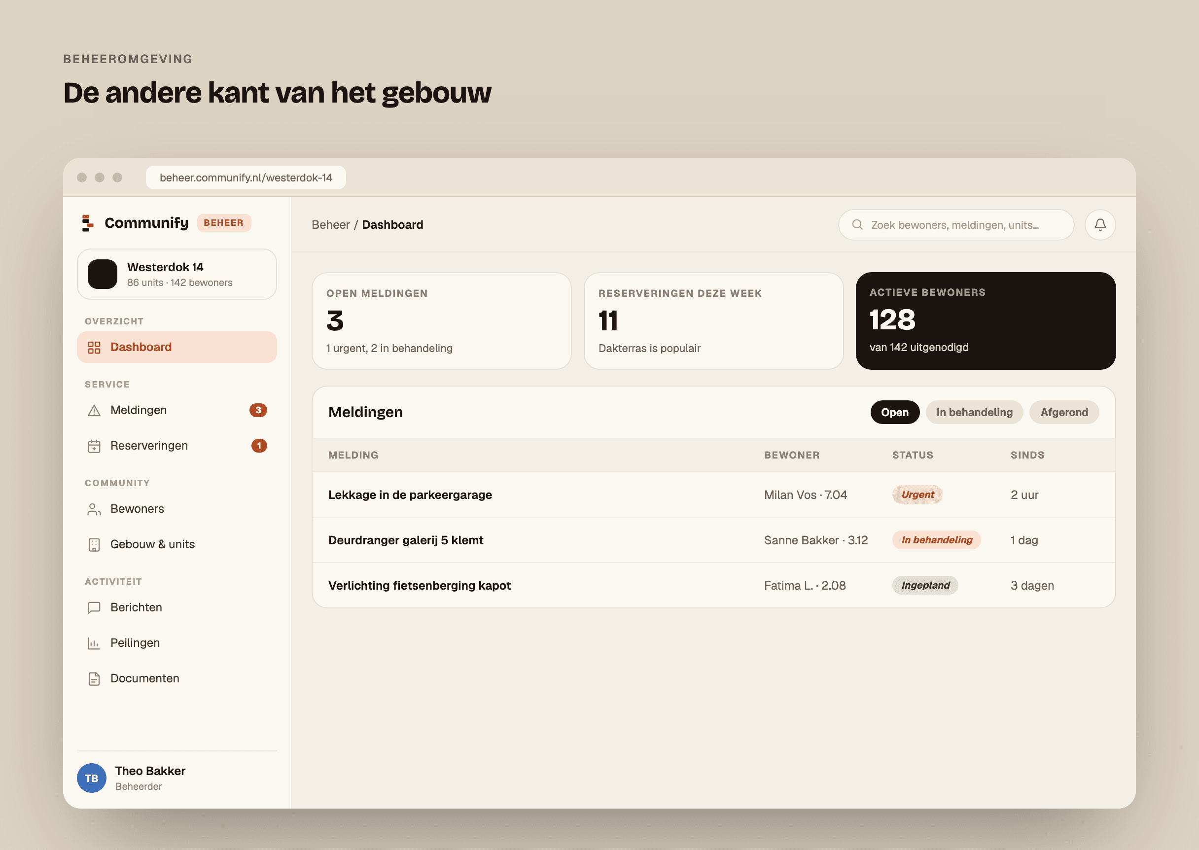 De Communify beheeromgeving met dashboard en meldingenoverzicht