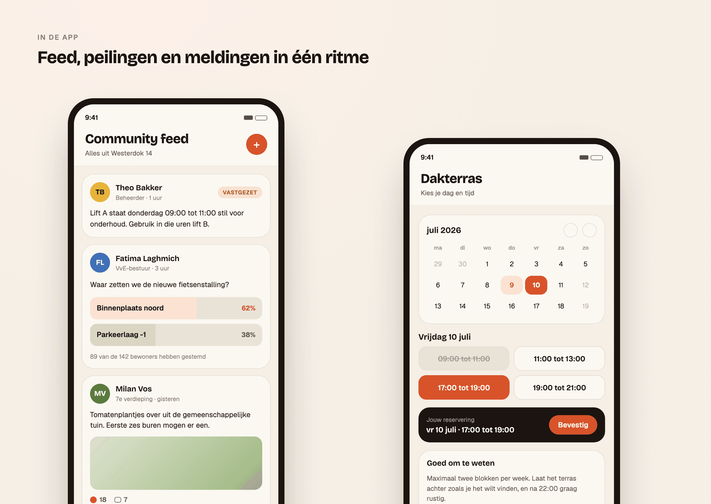 De community feed met een peiling en de reserveringsflow van het dakterras