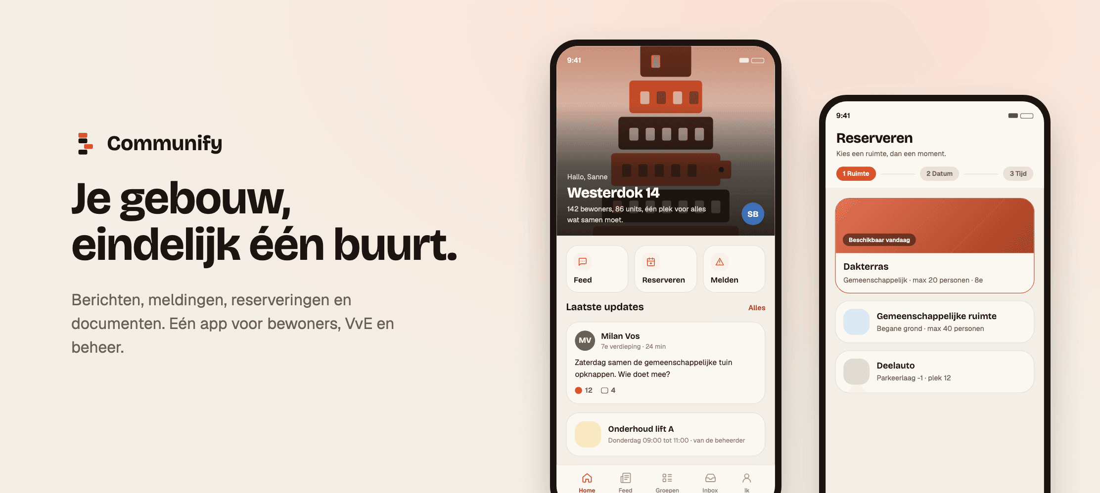 Communify-app op twee telefoons: de community van Westerdok 14 en het reserveren van het dakterras