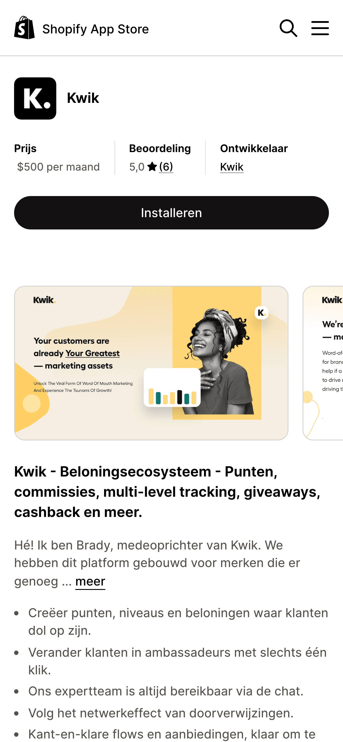 The Kwik app in the Shopify App Store on mobile