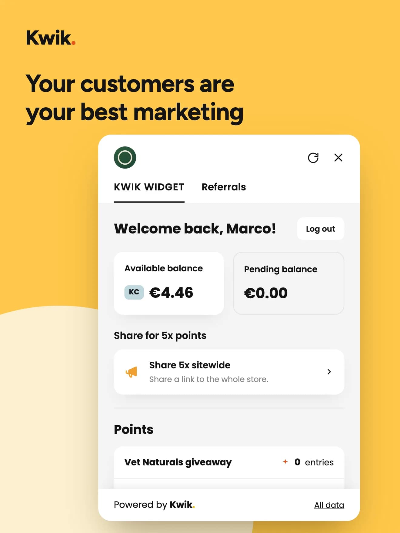 The Kwik widget on a smartphone, with points balance, sharing and a prize draw