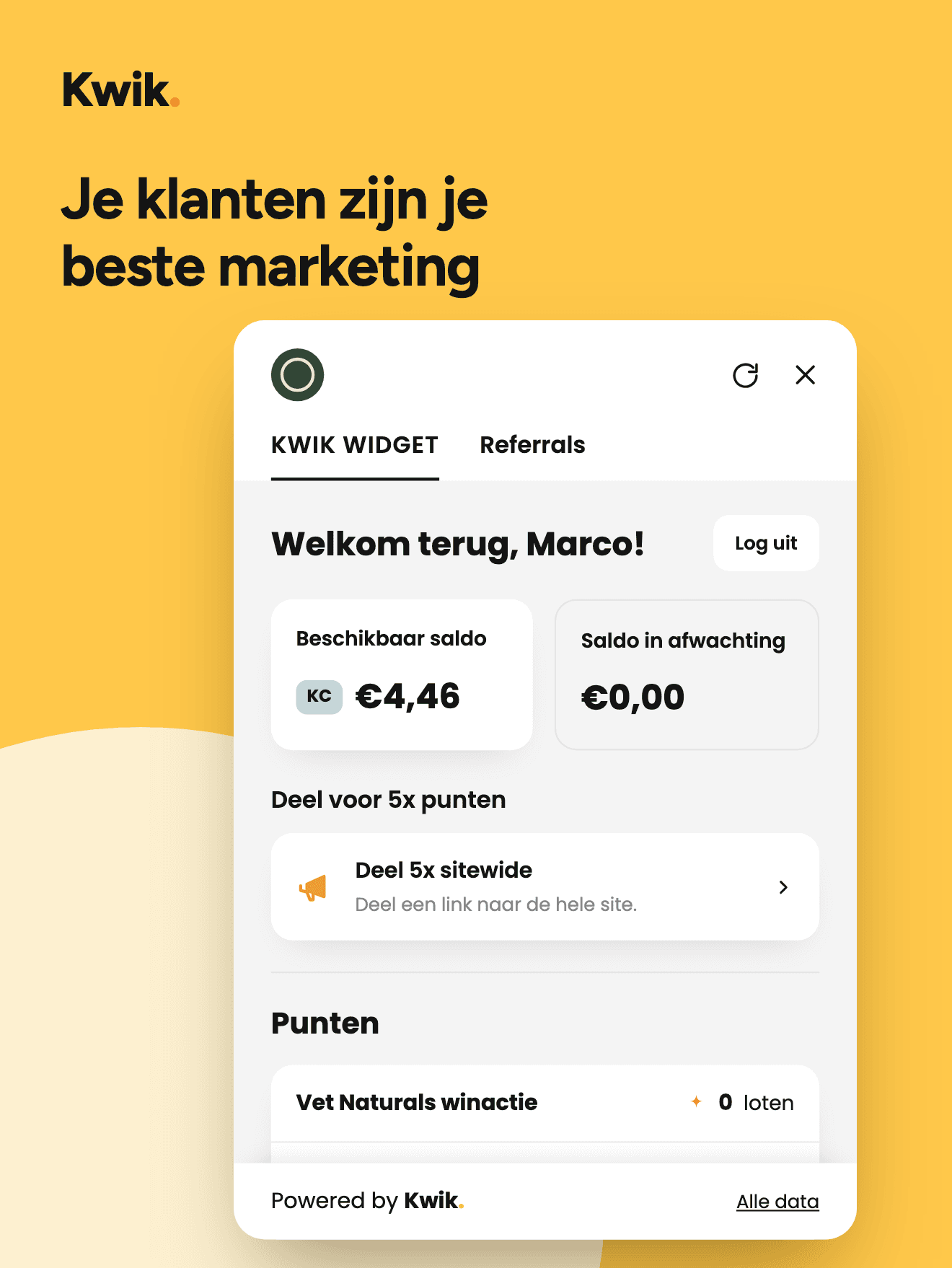 Kwik-widget met spaarsaldo, delen en winactie op een smartphone