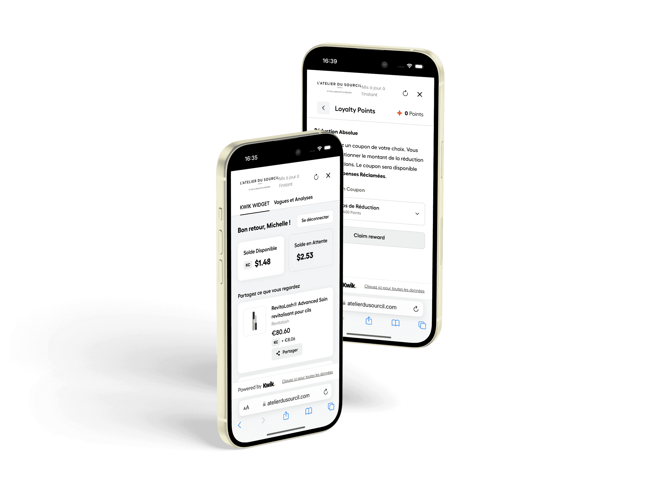 The Kwik widget on two smartphones in an online store