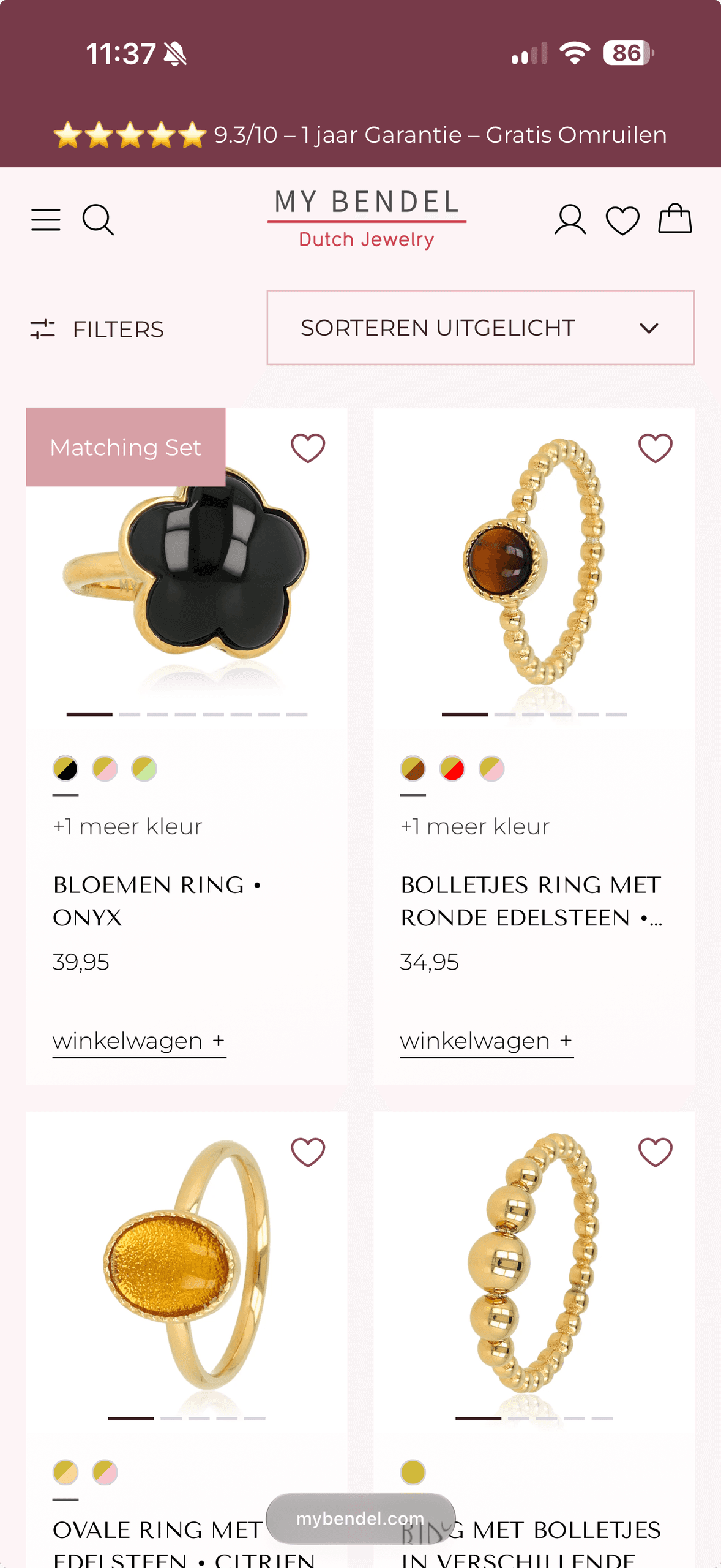 De ringen-overzichtspagina van mybendel.com op mobiel