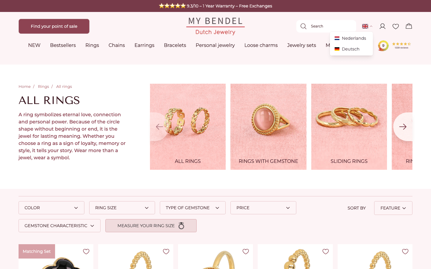 De collectie 'Alle ringen' op mybendel.com met de taalkiezer open