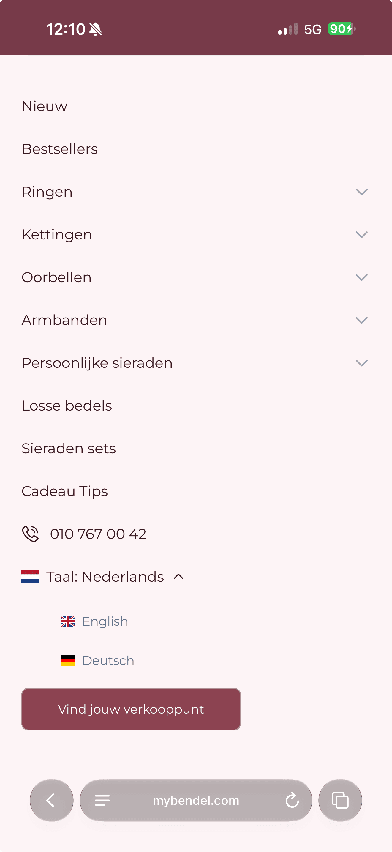 Het uitklapmenu van mybendel.com op mobiel, met de taalkiezer