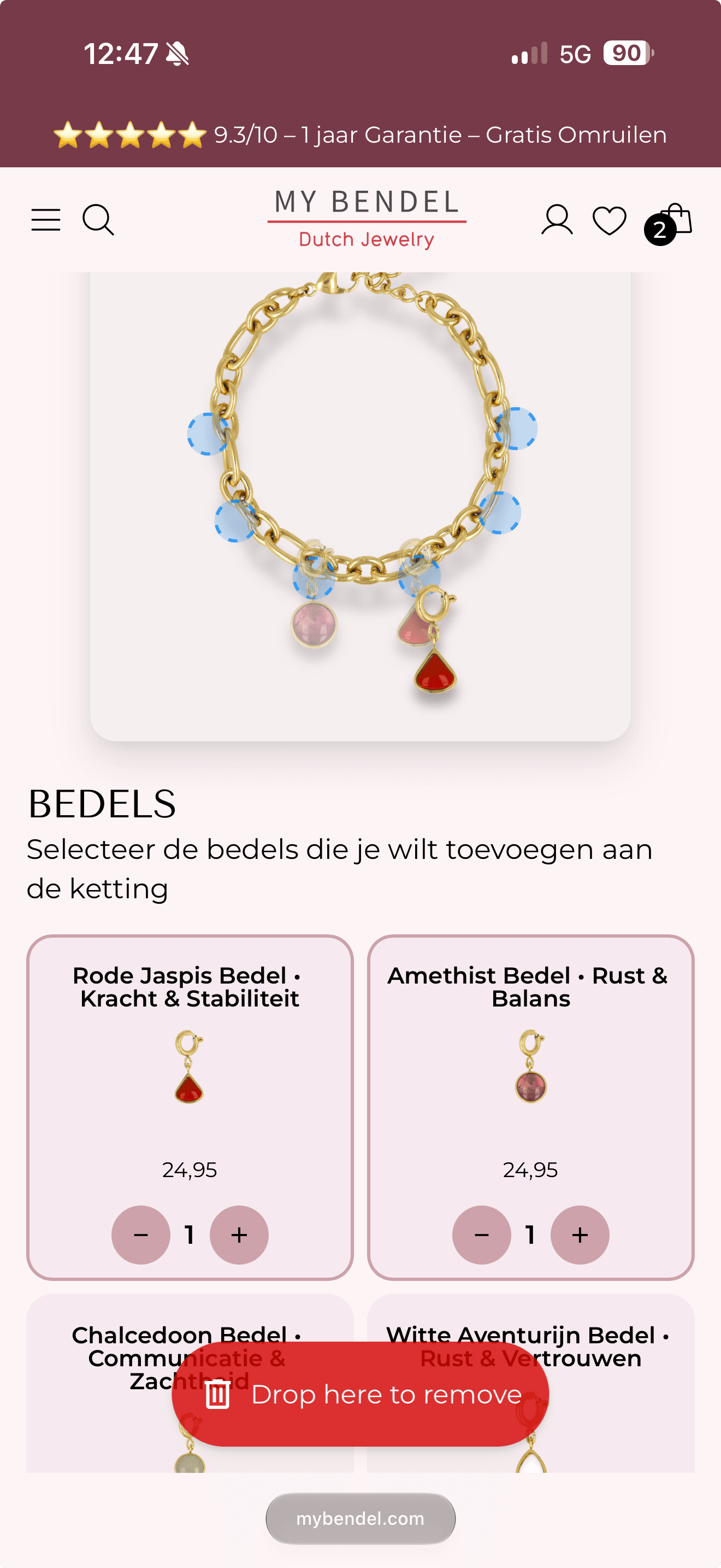 De Charm Bar op mobiel, om een armband of ketting samen te stellen