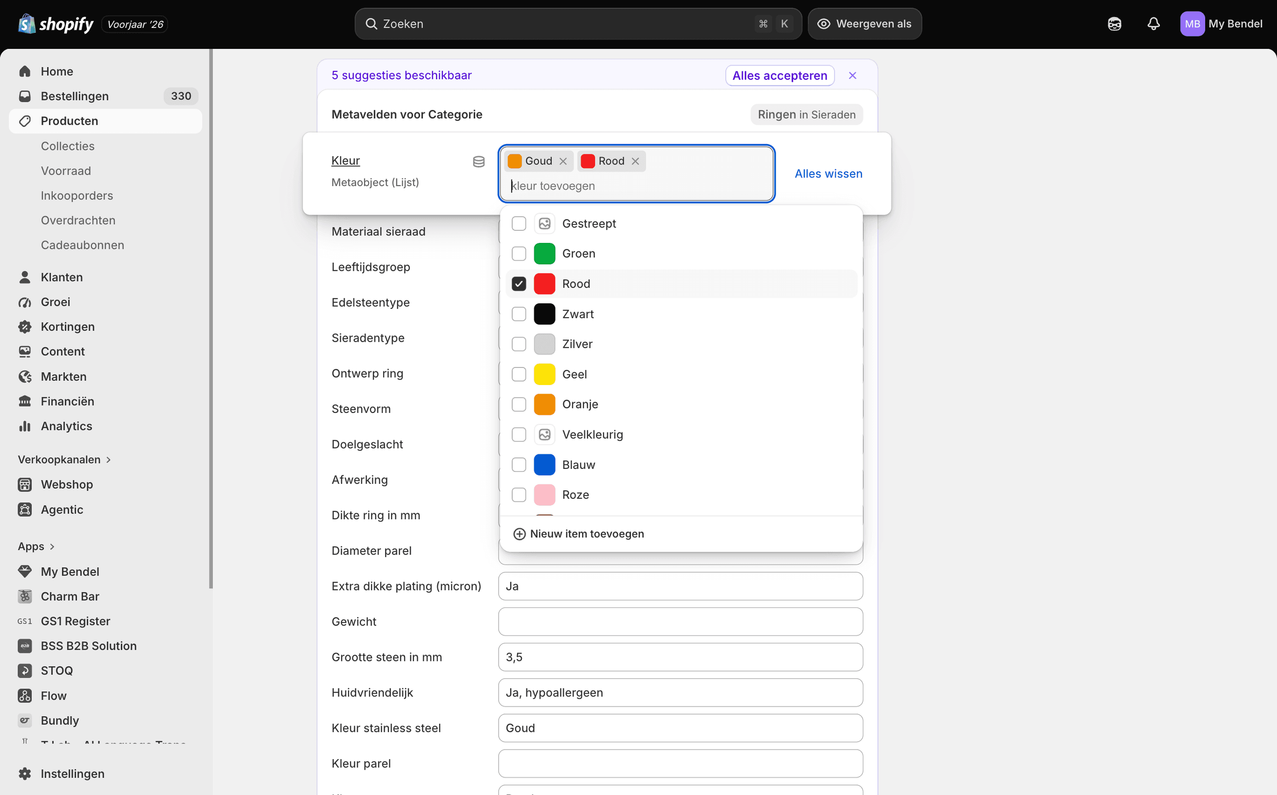 De kleur-metavelden in de Shopify admin, gevuld met de suggesties van de AI