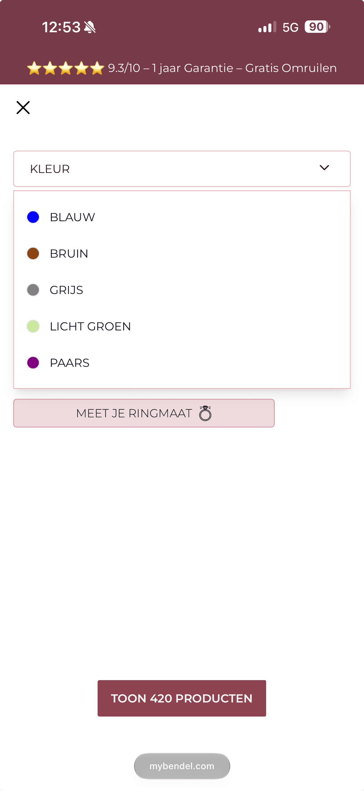 Het filterpaneel van mybendel.com op mobiel, met de kleurenfilter open