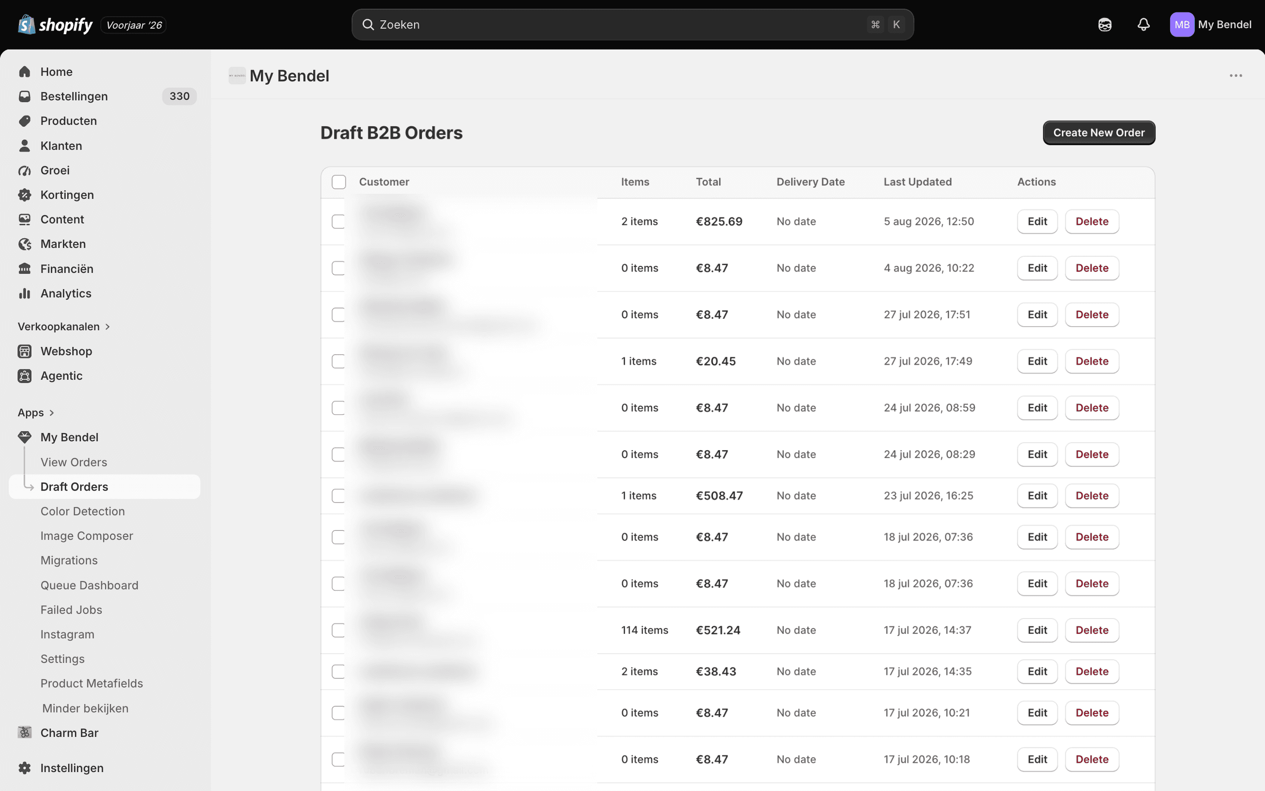 Het beheerpaneel van de eigen app in de Shopify admin, met de draft B2B-orders