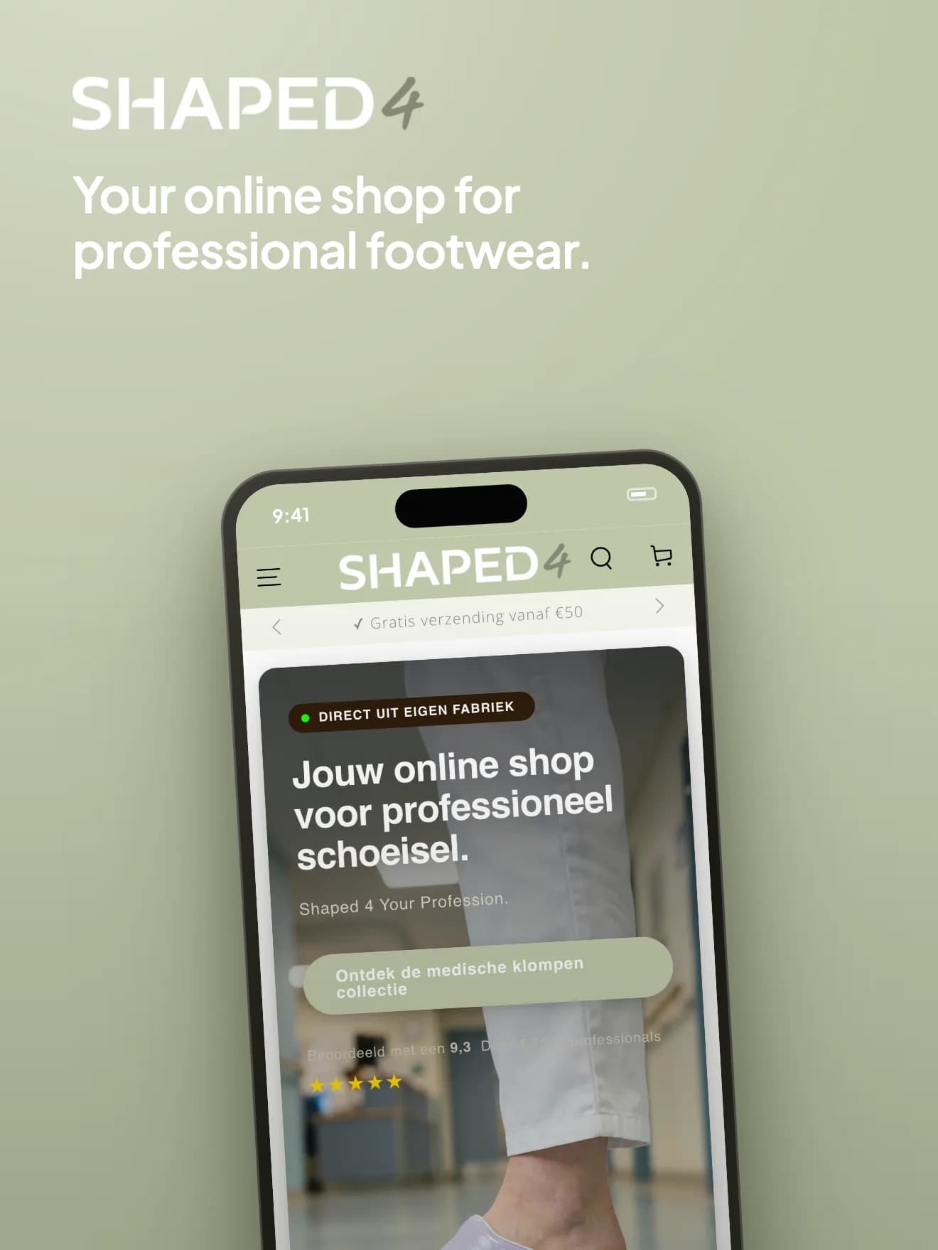 The Shaped4 store on a smartphone, with the line: your online shop for professional footwear