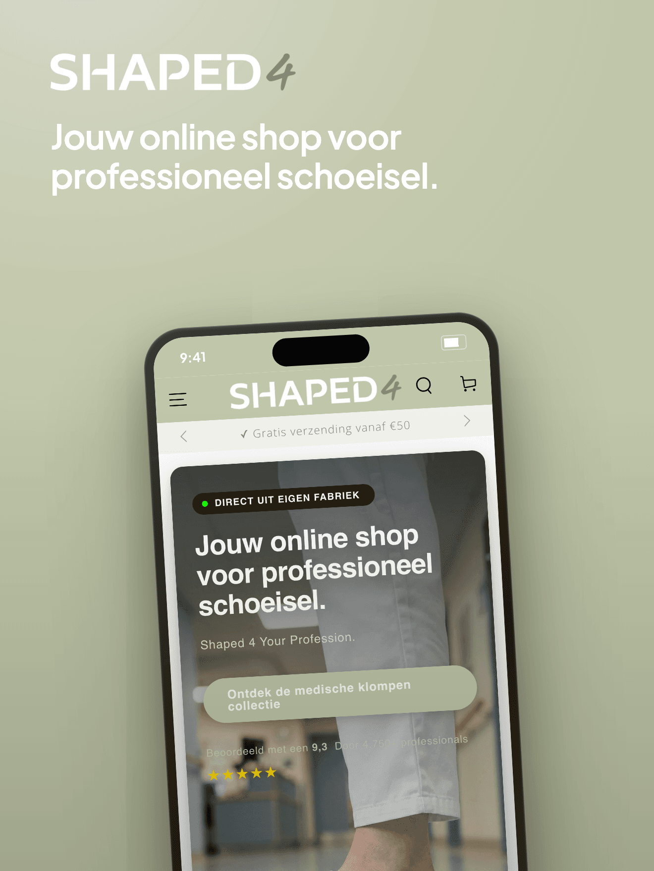 Shaped4-webshop op een smartphone met de slogan Jouw online shop voor professioneel schoeisel