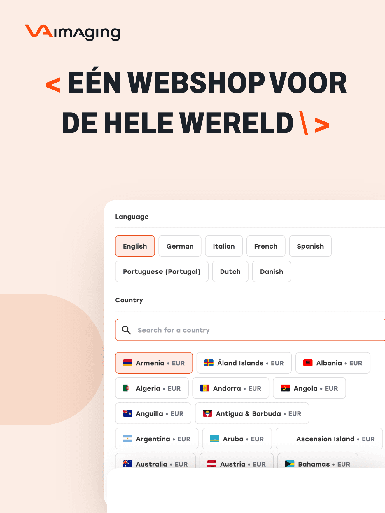 De taal- en landenswitcher van VA Imaging met de kop: één webshop voor de hele wereld