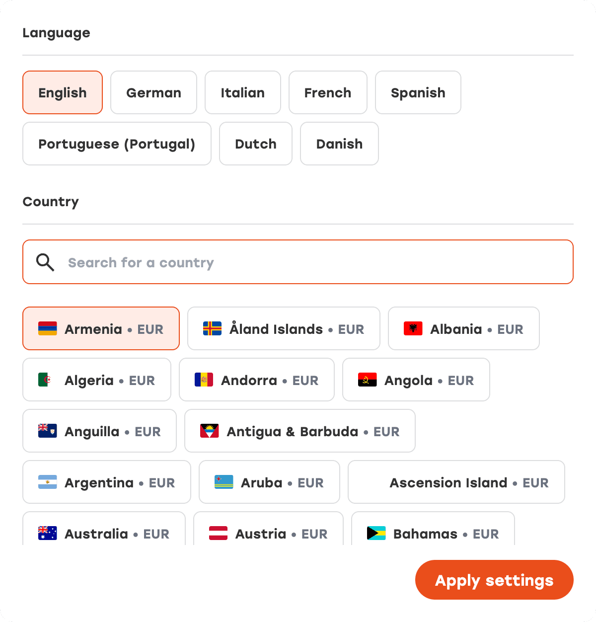 The va-imaging.com language and country switcher with languages, countries and currencies