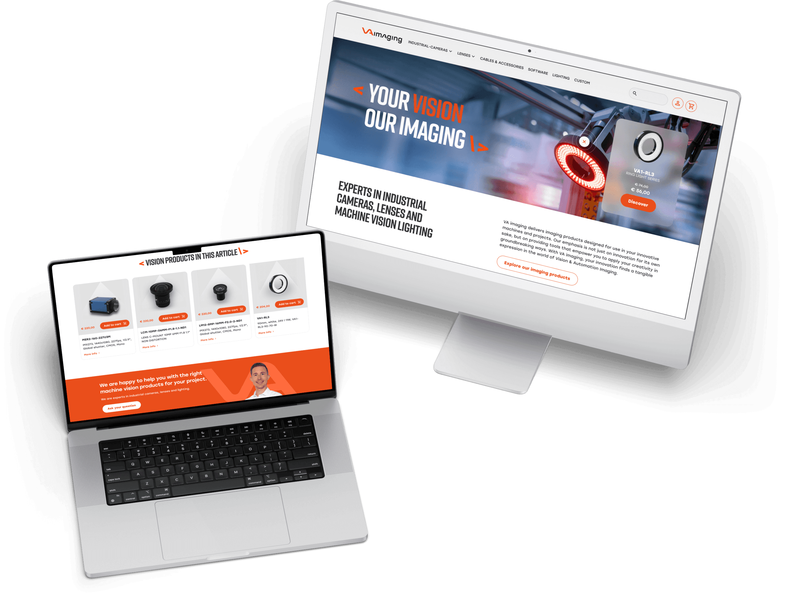The VA Imaging homepage on a desktop and a knowledge base article with products on a laptop