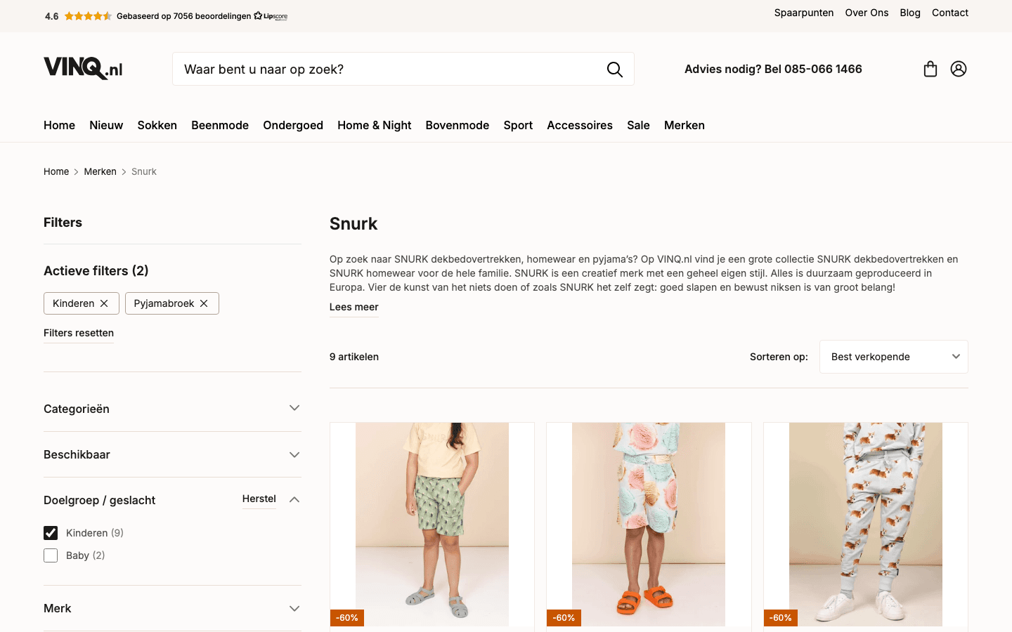 Categoriepagina van vinq.nl met actieve filters op desktop