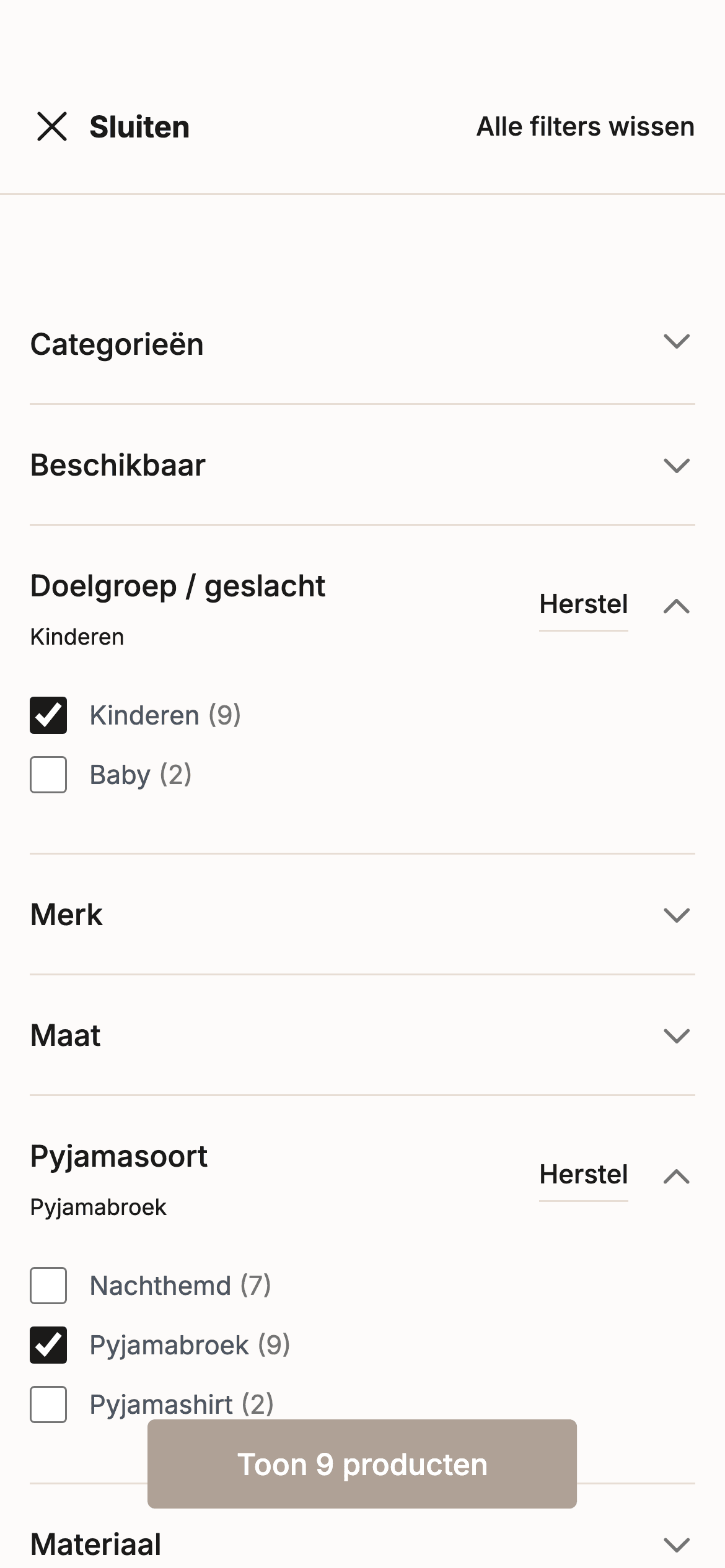 Mobiel filterpaneel van vinq.nl