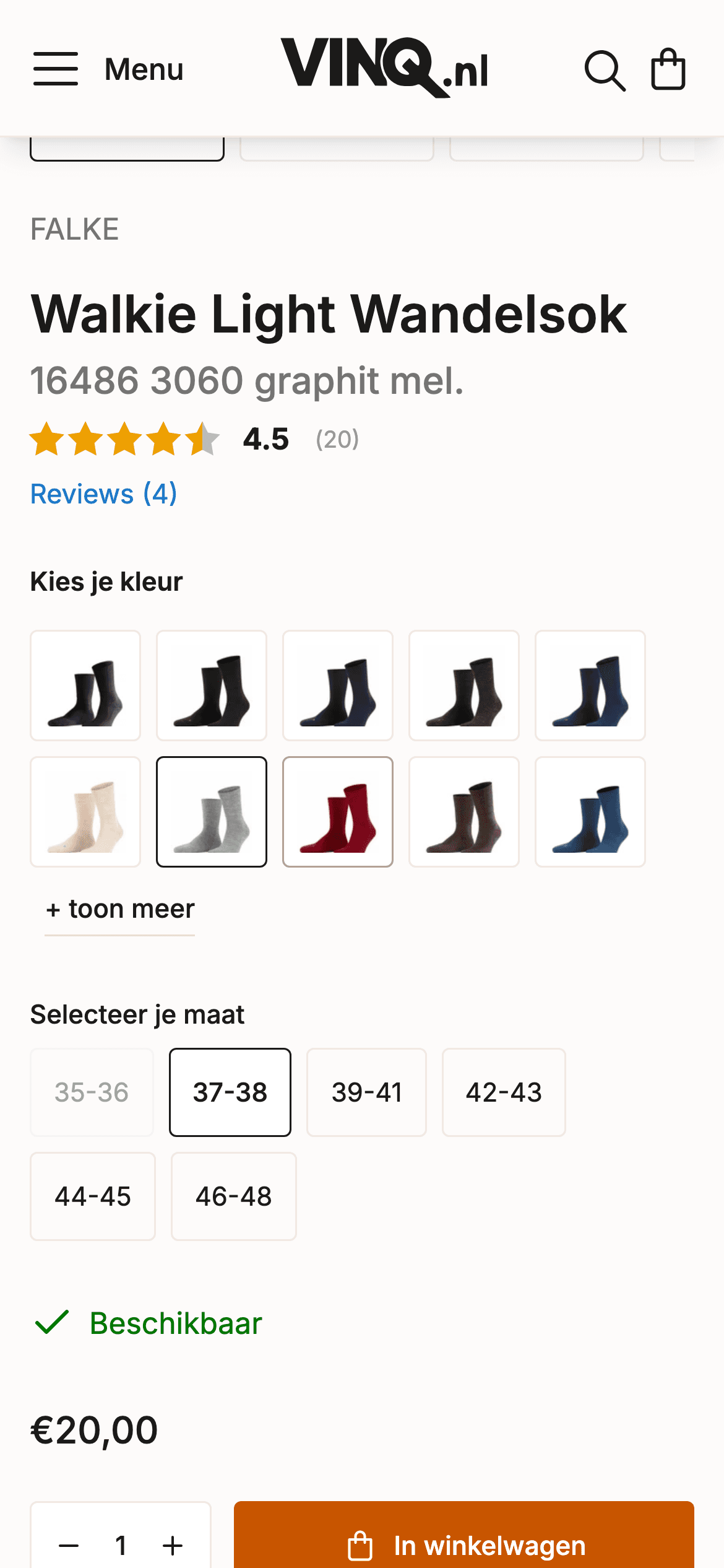 Kleurvarianten op de mobiele productpagina van vinq.nl