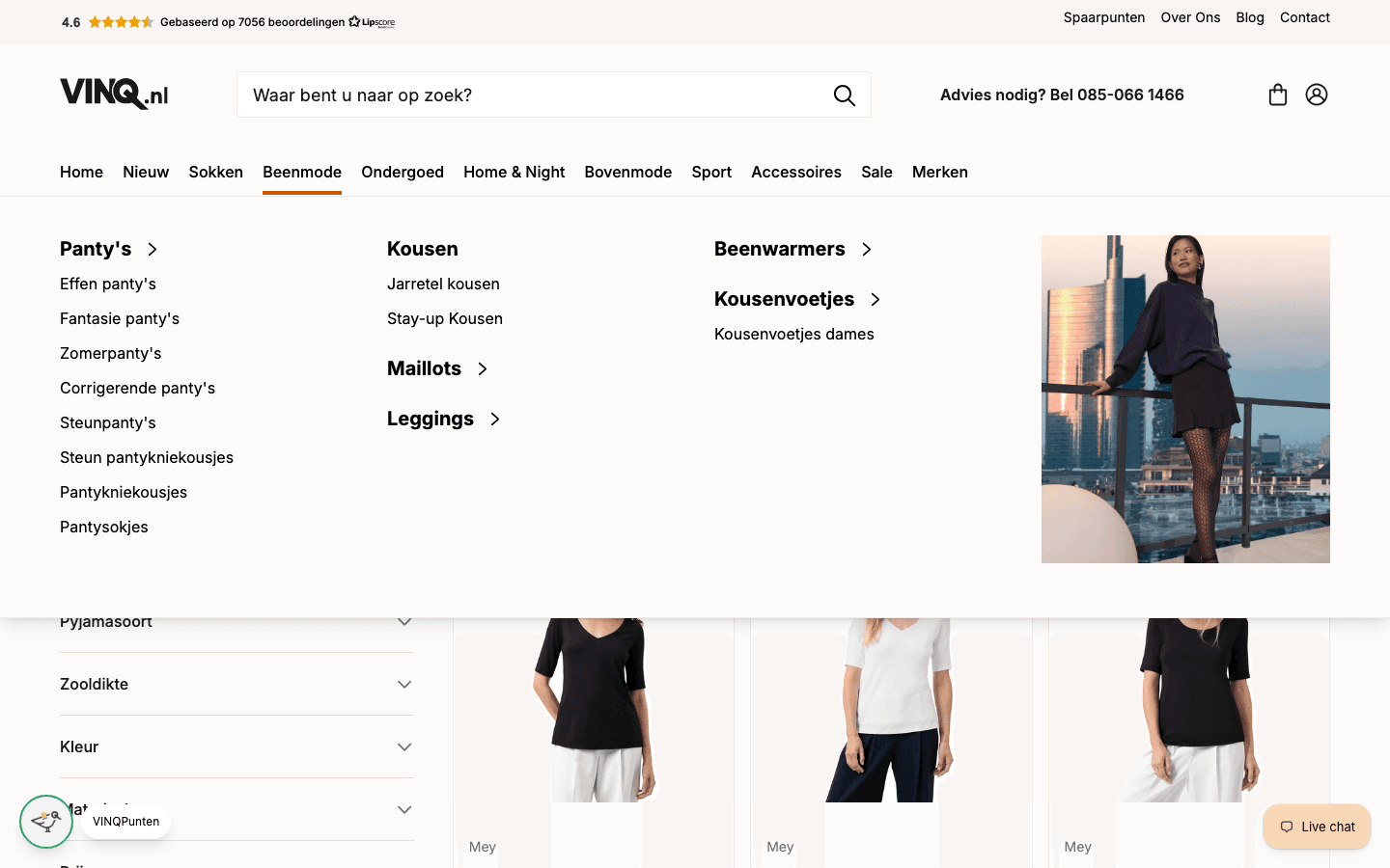 Mega menu van vinq.nl op desktop