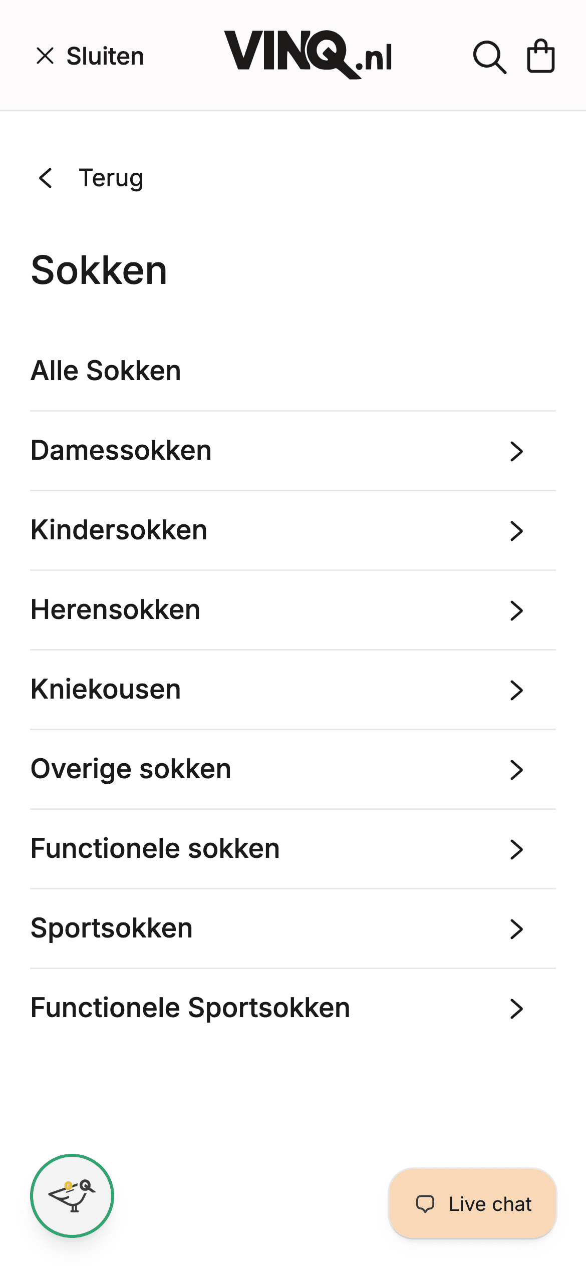 Mobiel menu van vinq.nl