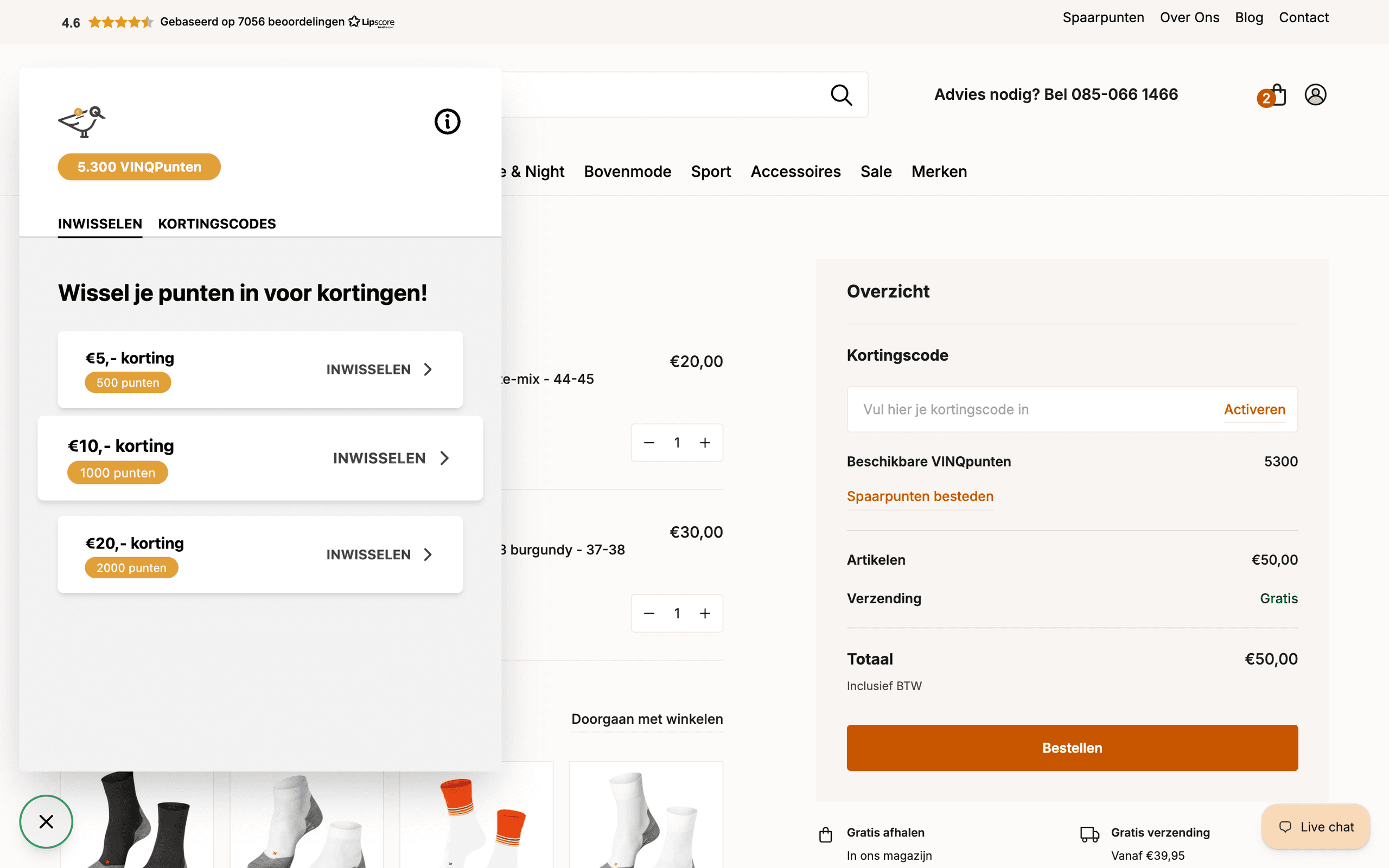 VINQpunten widget opengeklapt boven de winkelwagen op desktop